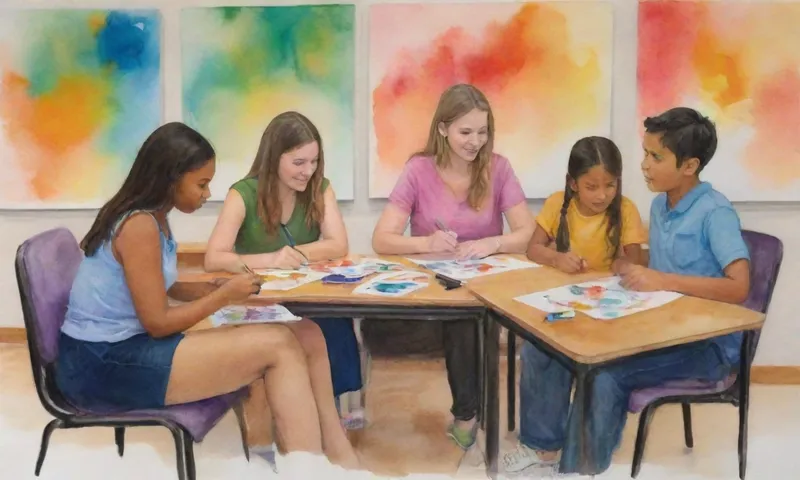 Un grupo de individuos diversos (enseñadores, estudiantes, padres) están compartiendo sus conocimientos y experiencia en un entorno de aula vibrante e inclusivo diseñado para el crecimiento y la colaboración.