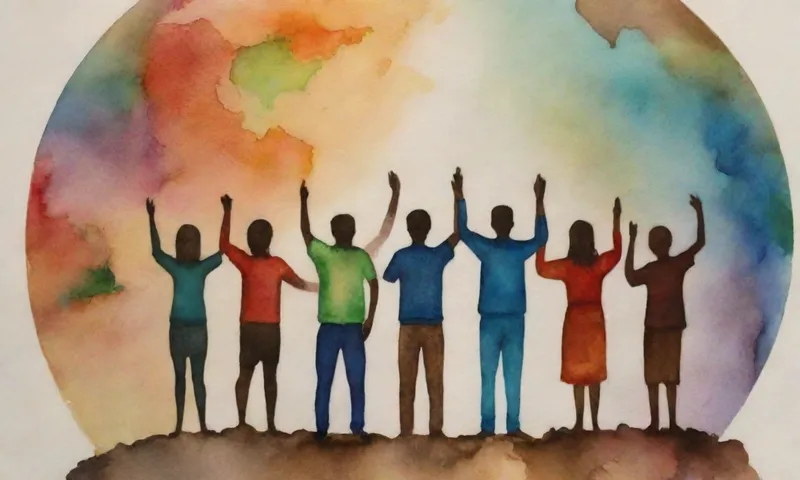 Un grupo diverso de personas, rostros iluminados desde dentro, se mantiene unidos mientras sostienen un globo globo simbolizando la Tierra y de pie en terreno desigual representando un obstáculo.