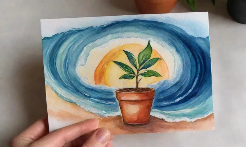 Una mano que sostiene una pequeña planta maciza firmemente contra las ondas que sobresalen, representada por el agua turbulenta estilizada girando alrededor, mientras que los rayos del sol iluminan desde arriba, lo que significa resiliencias potenciando la fuerza y su papel en el crecimiento.