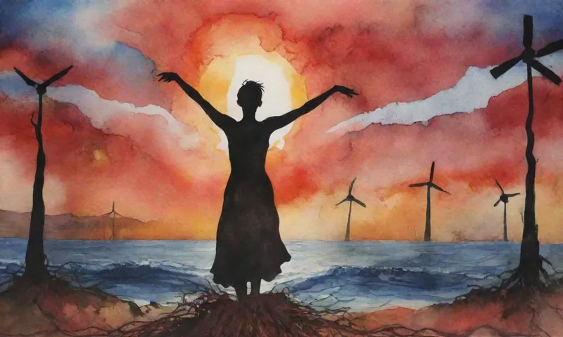 Una silueta humana firme en medio de olas de caos abstracto, sus ojos que reflejan la calma compostura, superpuesta con imágenes como los crecientes rayos de sol rojo, molinos de viento y raíces de árboles entrelazadas para la fuerza.