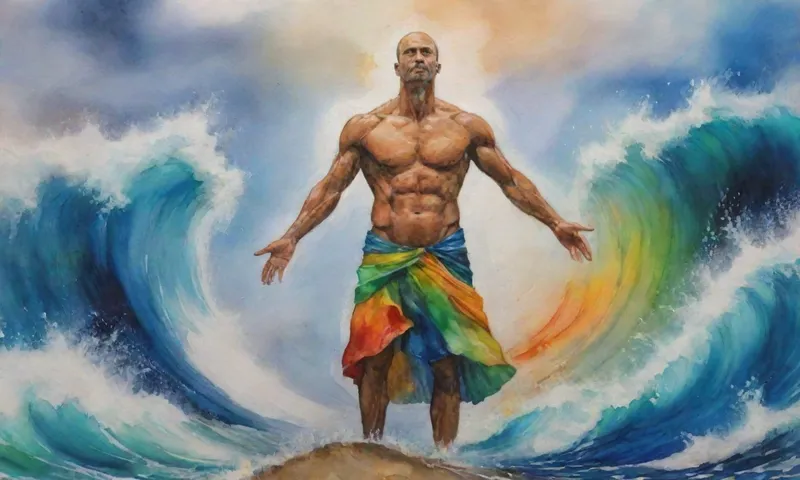 Una figura humana, fuerte a pesar de las olas de choque, rodeada de símbolos abstractos que representan los retos de la naturaleza del viento, las tormentas y las inundaciones.