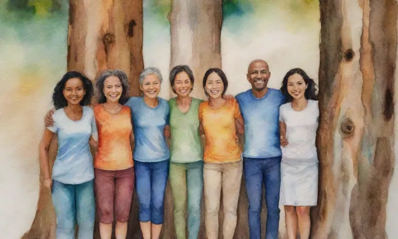 Un grupo diverso de personas de diferentes orígenes sonríen con confianza, brazos unidos, de pie junto a un tronco de árbol robusto que representa la fuerza y el apoyo.
