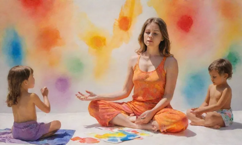 Una mujer con ojos enfocados se sienta bañada a la luz del sol, meditando mientras los niños dibujan imágenes coloridas de caras y símbolos espirituales en pedazos de papel.