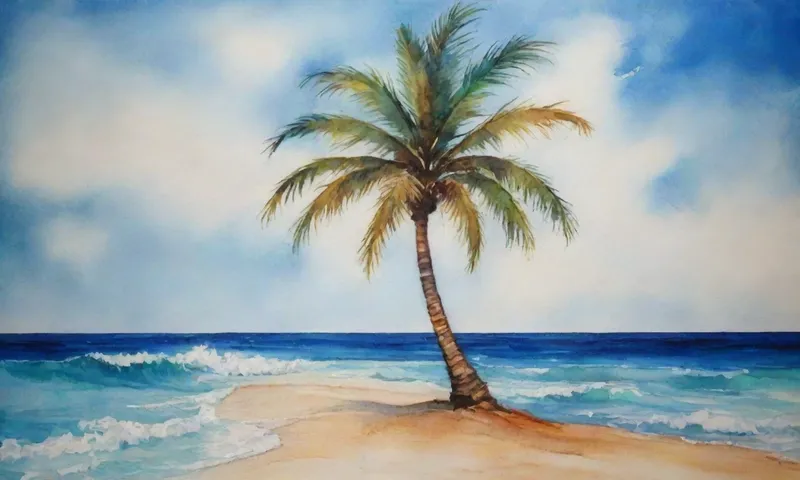 Una fuerte silueta de palmera se encuentra en medio de arenas giratorias, un solo azul brillante amarrado con olas en su dirección y representando la buoyancia que se muestra a escala.