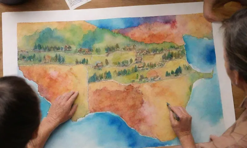 Una vibrante y multigeneracional comunidad indígena se reúne alrededor de un mapa de tierras tradicionales, las manos sobresalidas mientras dibujan un camino hacia el plano.