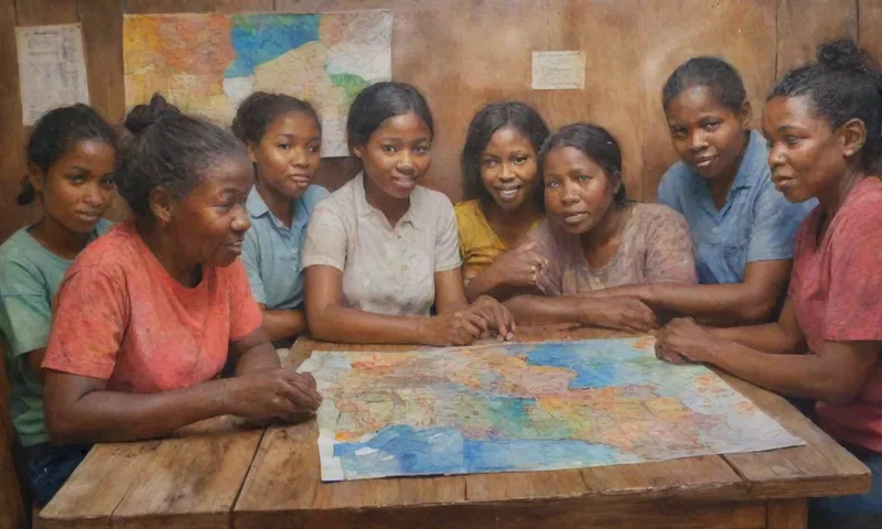 Un grupo de rostros diversos, algunos climatizados, otros más jóvenes, se reunieron alrededor de una mesa de madera templada en un centro comunitario de ramshackle, asintiendo hacia un mapa intrincado que destaca las zonas afectadas por desastres recientes, pero también destacando las oportunidades de reconstrucción y empoderamiento social marcadas a través de tonalidades vibrantes.