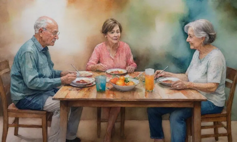 Una familia intergeneracional sentada alrededor de una mesa desgastada, compartiendo una comida en silencio después de una conversación sincera sobre tiempos difíciles.