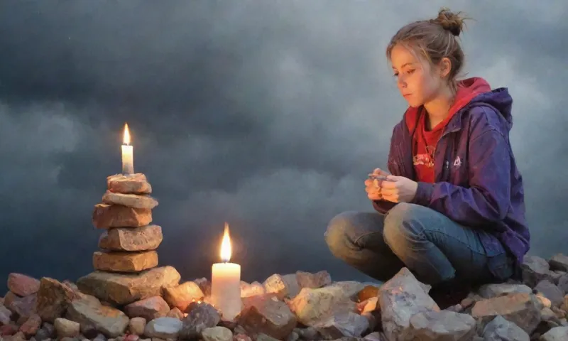 Un joven se enfrenta a varios desafíos (piedras amontonadas alto, llama de velas, nubes de tormentas oscureciendo un cielo abierto), mientras agarra una brújula de colores brillantes y mirando decididamente hacia adelante a través de la lluvia.