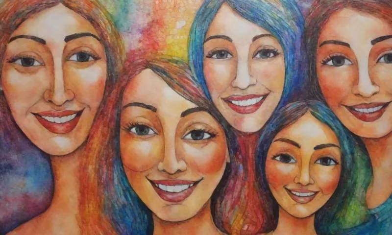 Un vibrante mosaico de rostros, algunos sonriendo con triunfo, otros grabados con preocupación, simboliza un conjunto mixto de desafíos y oportunidades de resiliencia cultural.