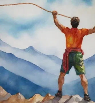 Una figura superando los obstáculos mientras estaba de pie en la cima de una montaña