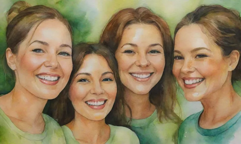 Un grupo diverso de caras sonrientes, que se conectan entre sí expresiones durante una conversación, mientras que todos están rodeados de elementos naturales como la luz solar, las hojas y el agua en tonos verdes calmantes.