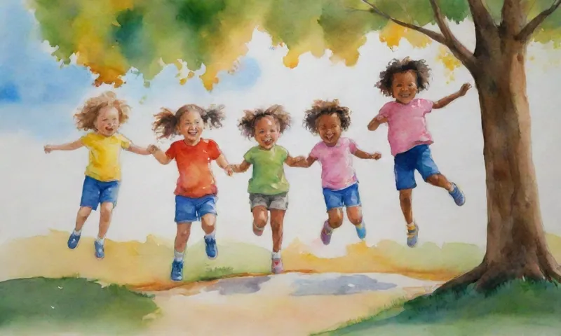 Un grupo de niños que participan alegremente en actividades al aire libre como saltar cuerda