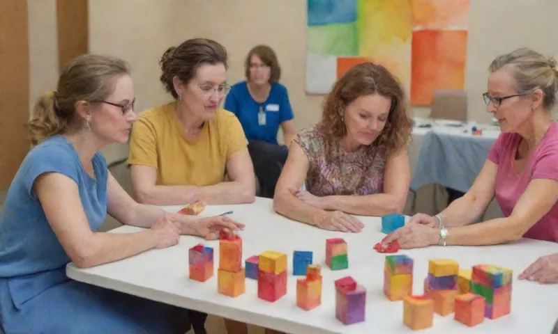 Un grupo de voluntarios, diversamente vestidos y comprometidos en el debate, sus caras con anticipación determinada, mantienen bloques de construcción mientras se sientan en una mesa preparada para talleres.