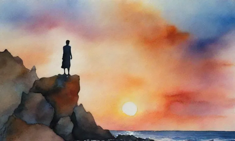 Una figura solitaria se mantiene silueta en un afloramiento rocoso, al atardecer arrojando sombras largas mientras las olas se estrellan suavemente debajo, sus formas reflejando las figuras propia turbulencia emocional.