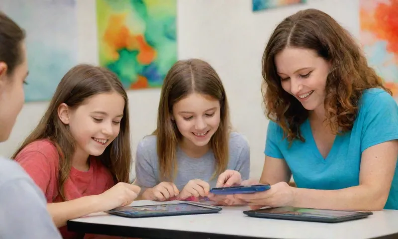 Un profesor con estudiantes sonriendo y trabajando en colaboración en tabletas en un aula brillante.