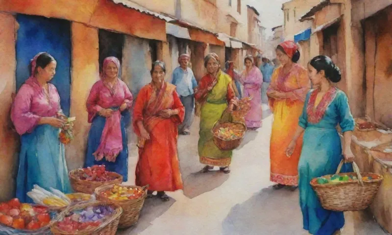 Un mercado vibrante lleno de diversos vendedores que venden artesanías tradicionales de diferentes grupos culturales, cada uno vestido con su ropa única y compartiendo historias de su patrimonio.