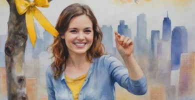 Una joven sonriente se encuentra en frente de un paisaje urbano