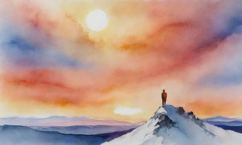 Una figura solitaria se mantiene fuerte en la cima de un pico de montaña barrido por los vientos, mirando hacia un amanecer, su rostro iluminado por la calidez de la esperanza y la determinación contra un telón de desolado y desperdicios nevados.
