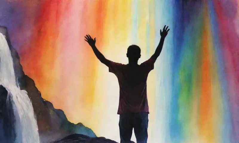 Una silueta humana rodeada de vibrantes rayos de color de la luz solar con su mano levantada en un movimiento fuerte
