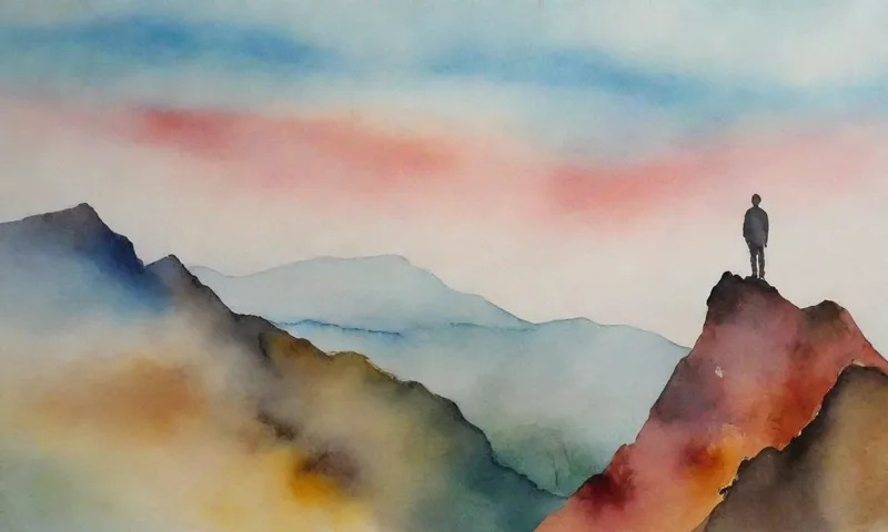 Una sola figura se encuentra en una cima de montaña con su mirada hacia el horizonte.