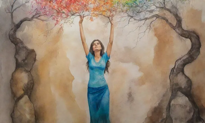 Una mujer se levanta en primer plano, las manos acolchadas sobre su cabeza, rodeada de ramas entrelazadas y en cascada que simbolizan una compleja estructura social bajo presión constante, mientras que un pequeño plántulo se rompe hacia arriba a través de una pared de piedra templada detrás de ella.