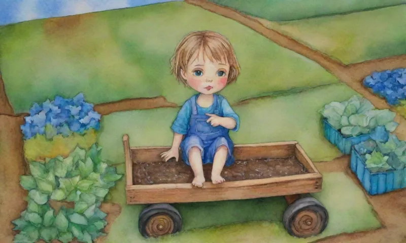 Un niño, usando un kit de herramientas que dice Maker, se sienta en un carrito de jardín a escala, plantando semillas con estructuras de madera intrincadas a su alrededor en un campo de parche de verde y azul.