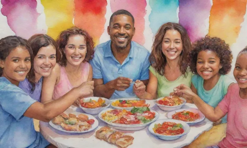 Un grupo diverso de personas de diferentes edades compartiendo una comida juntos, sonriendo, riendo y conectando bajo una bandera colorida que representa símbolos vibrantes de la comunidad como manos entrelazadas y un corazón.