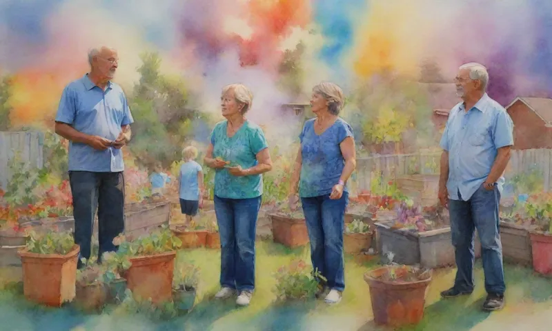 Una familia multigeneracional se une, mirando hacia arriba en el ahumado rizado de materiales reciclados apilados alto en el borde de un jardín comunitario.