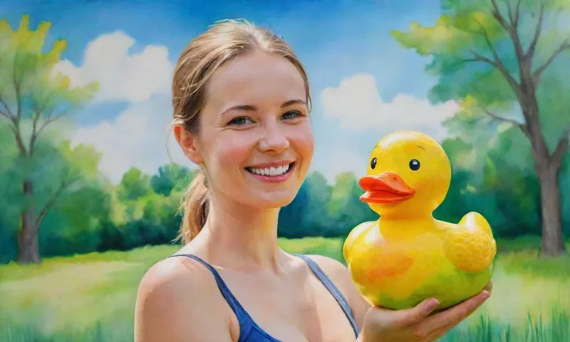 Una persona sonriente irradiando luz sosteniendo un gran patito de goma agrietada contra un telón de fondo de naturaleza verde vibrante y un cielo azul sin nubes.