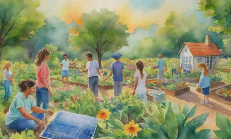 Un grupo diverso de personas de diferentes orígenes que trabajan juntos a mano en jardines comunitarios, paneles solares y turbinas eólicas, todo en contra de un telón de fondo de vegetación verde exuberante, reflejando rayos solares a través de hojas.