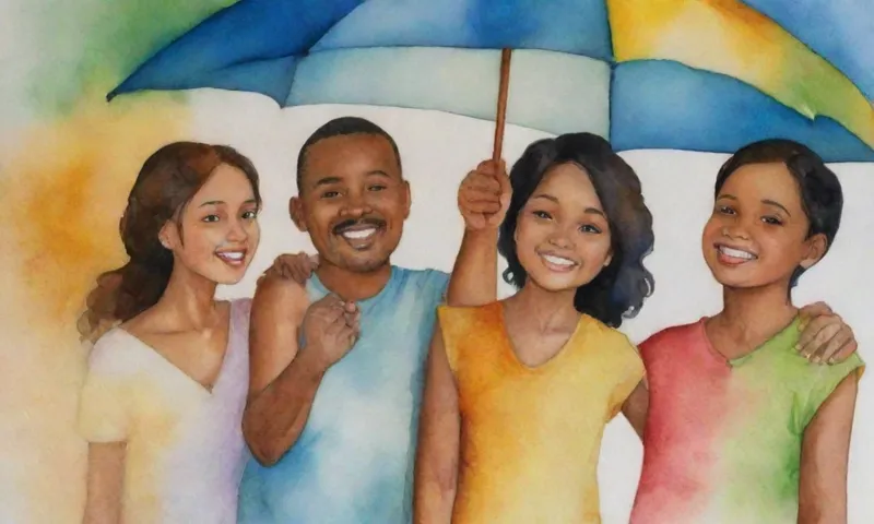 Un grupo de individuos diversos, sus caras animadas y entrelazadas manos formando un círculo, se unen bajo un paraguas compartido, ofreciéndose apoyo y consuelo en la cara de la adversidad.