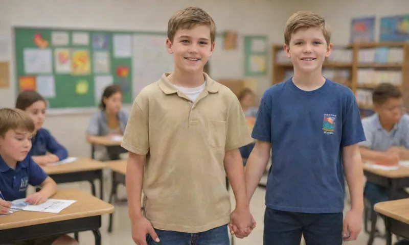 Un niño joven está de la mano con su maestro, mirando con confianza y enfocado a medida que se encuentran ante un aula lleno de estudiantes que están felizmente comprometidos con diversas herramientas de aprendizaje, incluyendo libros, computadoras y suministros de arte.