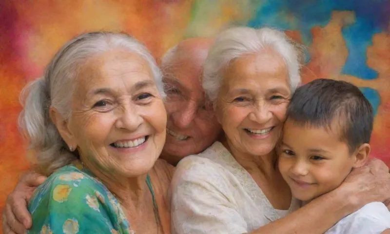 Un acercamiento de tres ancianos sonriendo, manos suavemente descansando sobre un joven niño hombros, frente a una tapiz vibrante que representa las historias y danzas de sus antepasados.