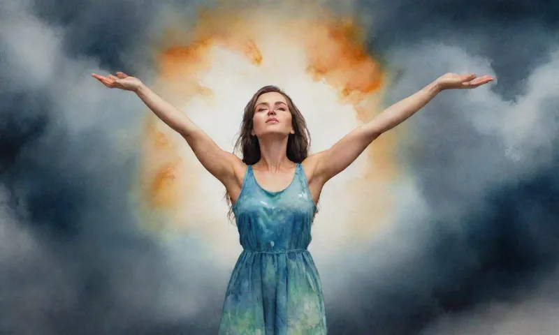 Una joven se levanta alto, sostiene dos manos, una con los dedos cerrados y otra palma abierta, reflejando un arco de luz que representa la esperanza llegando a través de nubes oscuras