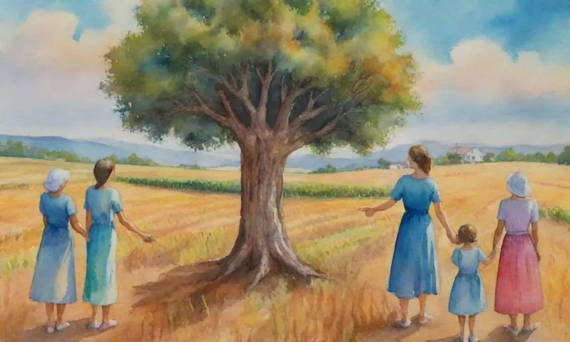 Una mujer tiene las manos con un árbol más viejo mientras se coloca al lado de las familias sosteniendo cultivos resistentes al clima y sonriendo, dentro de una idílica escena agrícola.