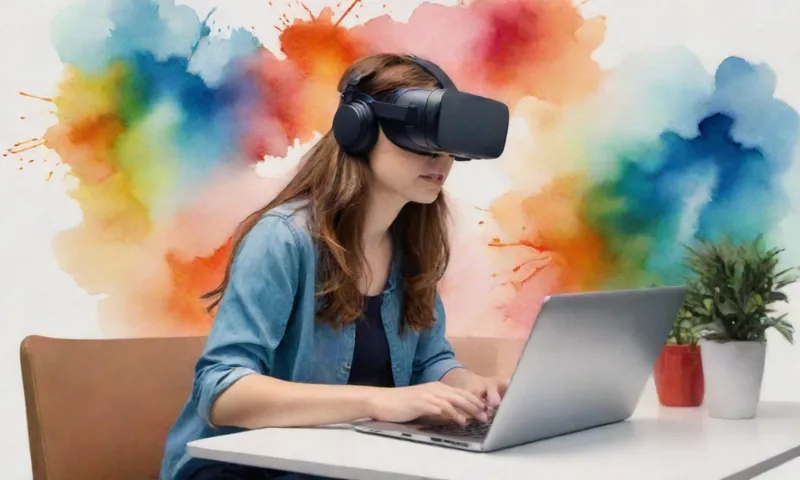 Una joven trabajando en su portátil, conectada a un programa de entrenamiento de realidad virtual que muestra una simulación del terremoto.