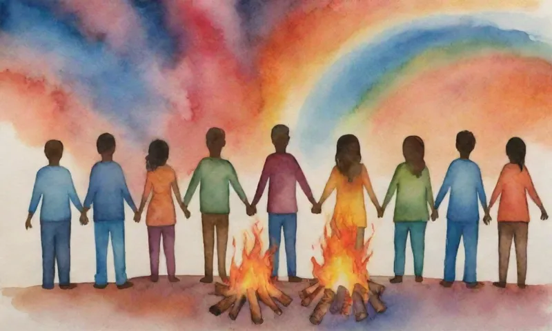Un grupo sonriente y diverso de personas que sostienen las manos alrededor de una hoguera, con palabras proyectadas que dicen Historiar a través del cielo, significando poderosas narraciones