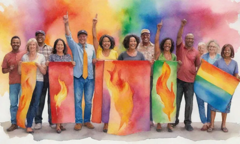 Un grupo diverso de personas vestidas para el éxito, se reunieron en un espacio comunitario local, cada una sosteniendo una bandera o un cartel de colores brillantes que muestra un símbolo de resiliencia (como una llama) y celebrando con una expresión gozosa y desenfrenada.