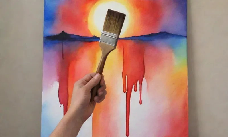Una mano sosteniendo un pincel, goteando colores vibrantes sobre un lienzo sin blanquear, en el fondo de un amanecer.