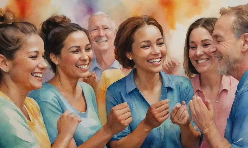 Un grupo sonriente y diverso de personas se abrazan en un bullicioso centro comunitario, sus manos se vinculan estrechamente mientras comparten risas y conversaciones ligeras.