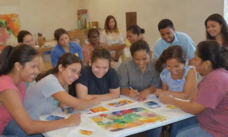 Un grupo diverso de miembros de la comunidad participaron en talleres educativos interactivos para jóvenes, muchos sonriendo con confianza mientras aprenden sobre técnicas de gestión de recursos ambientales.