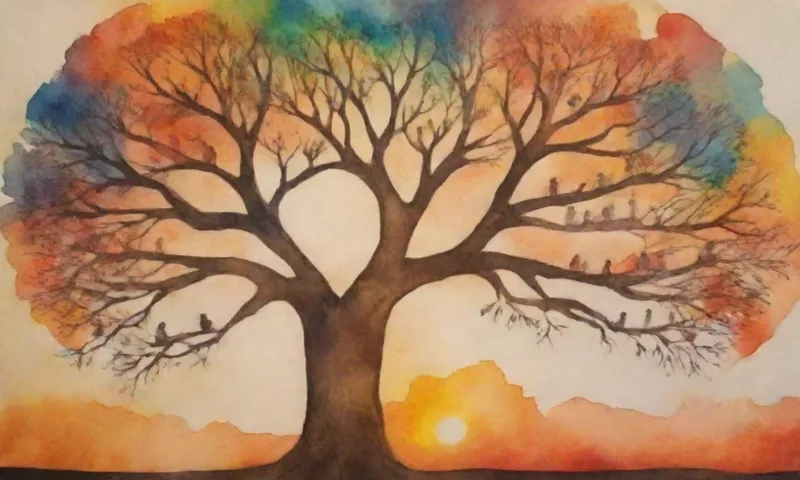 Un collage de caras – feliz, preocupada, esperanzadora – conectadas por manos entrelazadas formando un árbol familiar que llega hacia un sol de puesta.