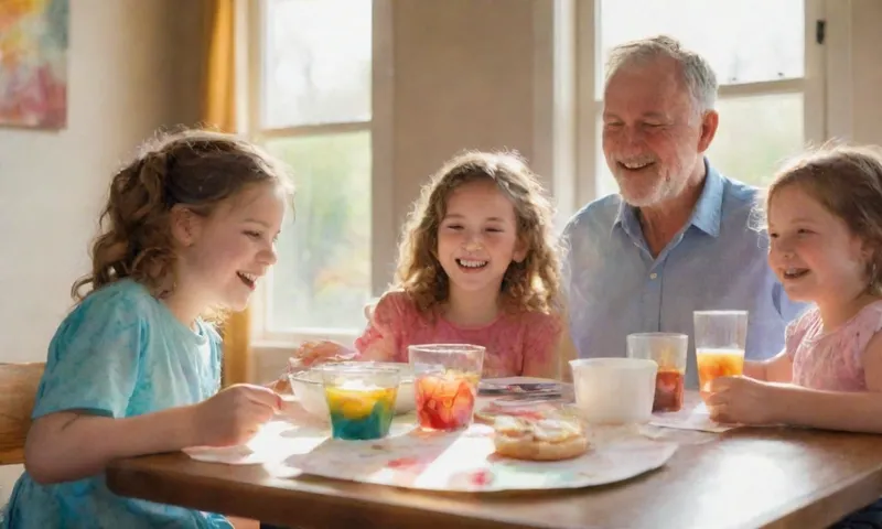 Una fotografía cercana de caras reunidas alrededor de una mesa de comedor, luz del sol fluyendo a través de una ventana, risa llenando la habitación como un niño mira a un adulto con orgullo mientras los padres sonríen calientemente hacia atrás.