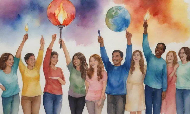 Un grupo diverso de mentores de pie entre individuos más jóvenes durante la actividad, algunos sonriendo, otros observando atentamente, todas las manos sosteniendo una antorcha simbólica o globo como apuntan hacia el cielo.