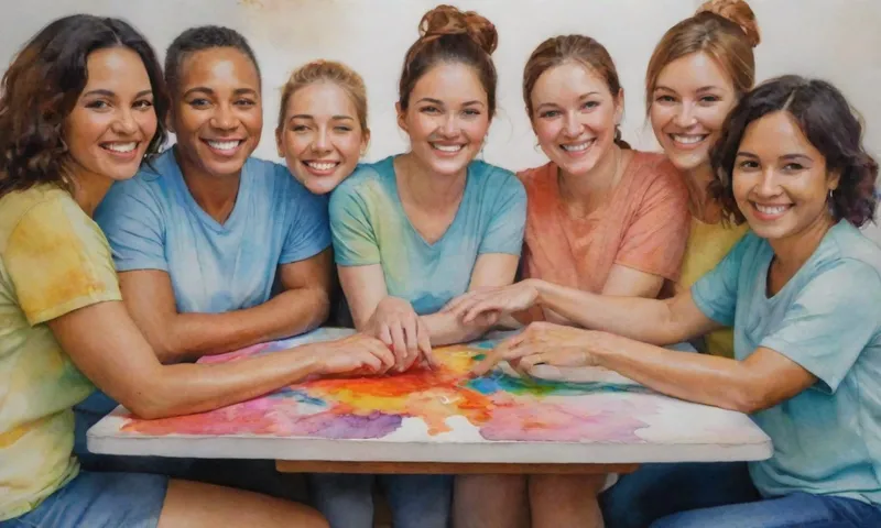 Un grupo diverso de personas, caras sonrientes pero ojos serios, se conectan con las manos sostenidas mientras se apoyan unos a otros alrededor de una mesa central.