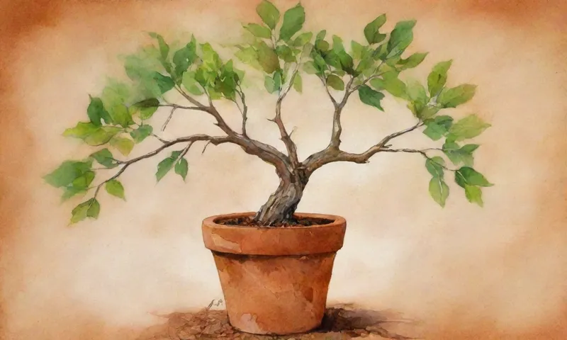 Una rama desnuda de un árbol marchita que crece hacia el sol sobre tierra de terracota agrietada, enclavada entre hojas verdes florecientes.