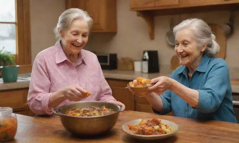 Una joven sonriente da un cuenco de guiso a un anciano sentado frente a ella en una mesa de cocina compartida, ambos con sus cabezas inclinadas hacia el otro, mientras rodeado de ingredientes coloridos y macetas dispuestas en superficies de madera iluminadas con luz caliente.