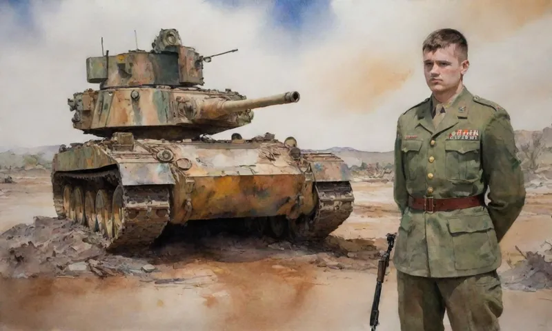Un joven soldado se enfrenta con uniforme al lado de un pedazo de maquinaria militar destrozado, su cara puesta en determinación.