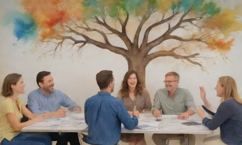 Un grupo diverso de personas, de diferentes orígenes y experiencias, riéndose juntos en una reunión de estilo think-tank, con una obra inspiradora que representa una raíz de árboles y ramas que se extienden hacia varias direcciones en una pantalla proyectada.