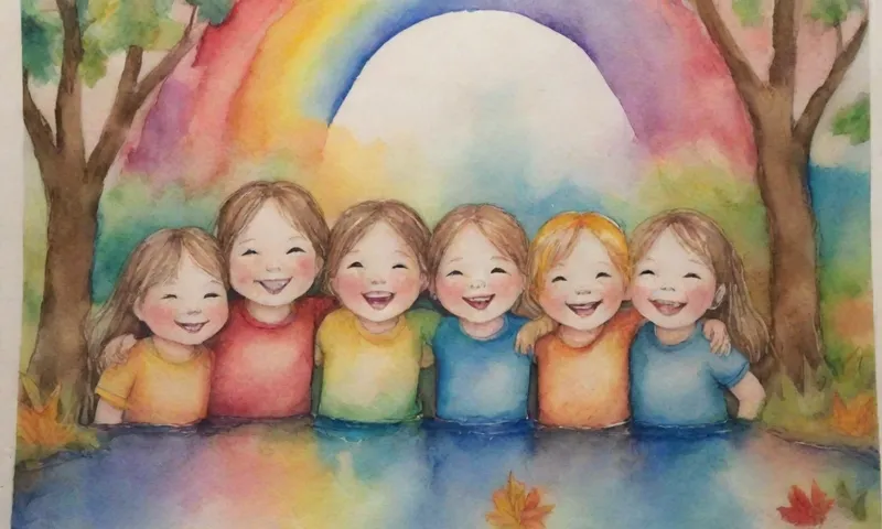 Los niños sonriendo caras se abrazan juntos, dibujando un arco iris de colores brillantes en medio de ellos, mientras rodeado por elementos naturales calmantes como hojas y un flujo de flujo.